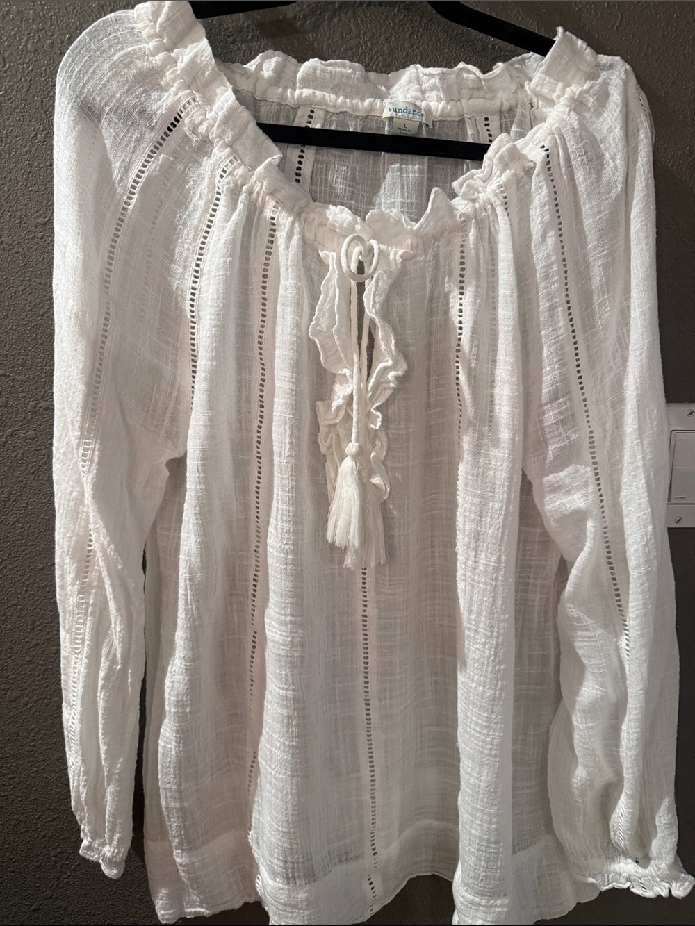 Sundance White Gauze Peasant Blouse with Tassel Tie